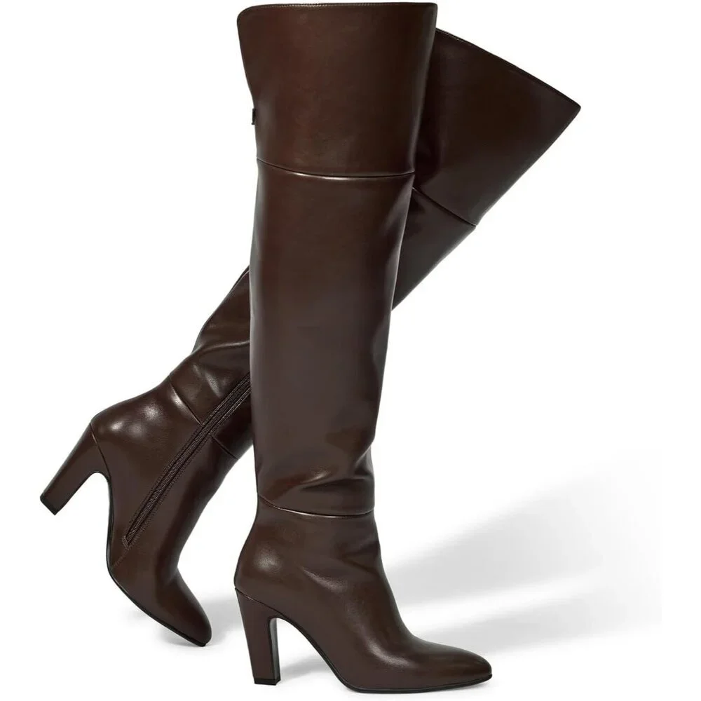 Women's Brown High Thigh Over the Knee Chunky, Side Zipper Calf Design Boot